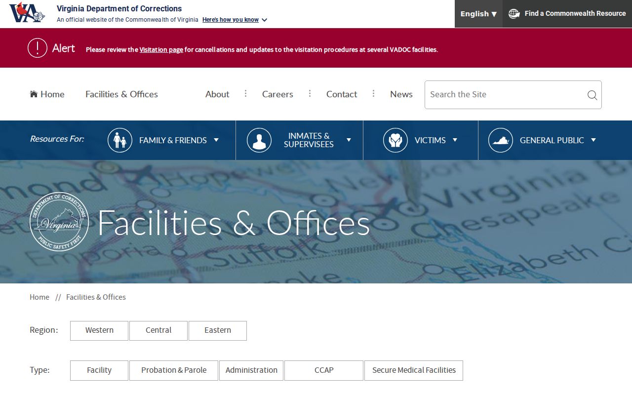Virginia Department of Corrections facilities and District 26 office directory