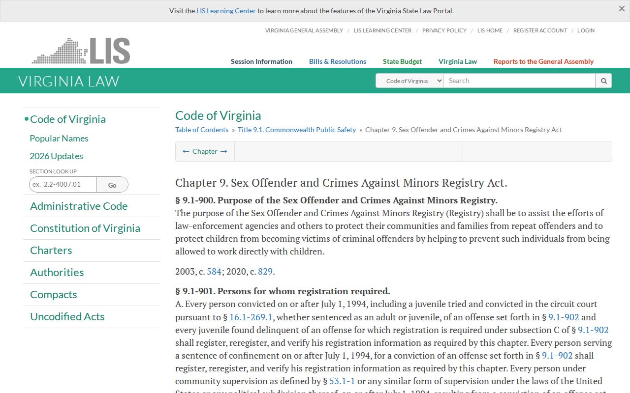 Orange County sex offender registry duties under Virginia law